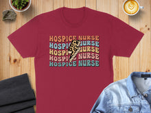 Load image into Gallery viewer, Maroon t-shirt with "Hospice Nurse" text and lightning bolt graphic.
