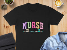 Load image into Gallery viewer, Black t-shirt with "NURSE LIFE" text and medical icons.

