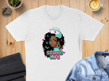 Load image into Gallery viewer, T-shirt featuring illustration of a Black nurse with curly hair and butterflies.
