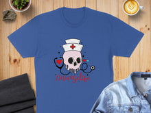 Load image into Gallery viewer, Blue t-shirt with a skull wearing a nurse hat, stethoscope, and "Nurselife" text.
