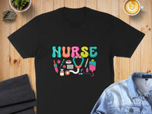Load image into Gallery viewer, Black t-shirt with colorful "Nurse" text and medical icons.
