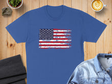 Load image into Gallery viewer, Blue t-shirt with a distressed American flag graphic.
