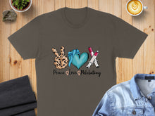 Load image into Gallery viewer, Peace Love Phlebotomy text with heart, syringes, and peace sign.

