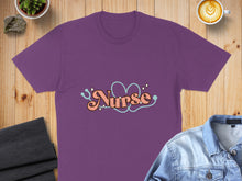 Load image into Gallery viewer, Purple t-shirt with "Nurse" in groovy font and stethoscope heart graphic.
