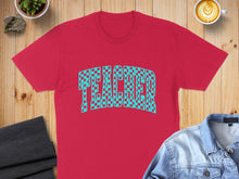 Load image into Gallery viewer, Red t-shirt with teal checkerboard "TEACHER" text graphic.
