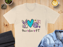 Load image into Gallery viewer, T-shirt with "Peace love PT" text and bunny ears, weights, and resistance bands.
