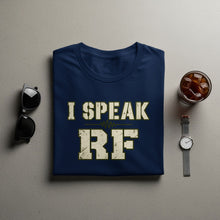 Load image into Gallery viewer, Navy t-shirt with "I SPEAK RF" text and radio wave graphic.
