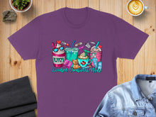 Load image into Gallery viewer, Purple t-shirt with colorful illustration of nursing-themed drinks and a teddy bear.
