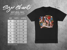 Load image into Gallery viewer, Size chart for Next Level 3600 Unisex Cotton T-shirt with USA graphic.
