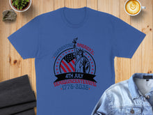 Load image into Gallery viewer, Blue t-shirt with "America's 4th July Semiquincentennial 1776-2026" graphic.
