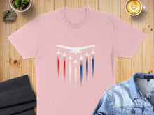 Load image into Gallery viewer, Pink t-shirt with white jet formation and red and blue contrails.
