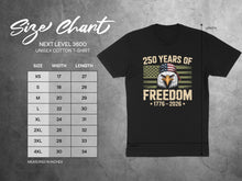 Load image into Gallery viewer, Next Level 3600 unisex t-shirt size chart and 250 Years of Freedom graphic.
