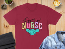 Load image into Gallery viewer, Burgundy t-shirt with "Registered Nurse" text and shaking hands graphic.
