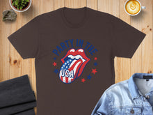 Load image into Gallery viewer, Brown t-shirt with "Party in the USA" logo featuring the American flag tongue.
