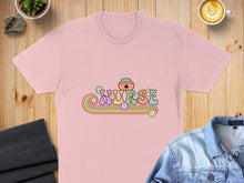 Load image into Gallery viewer, Pink t-shirt with "Nurse" in retro floral lettering.
