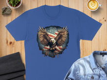 Load image into Gallery viewer, Blue t-shirt with eagle and American flag graphic.
