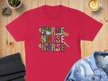 Load image into Gallery viewer, Pink t-shirt with "Nurse" in colorful, patterned letters and medical symbols.
