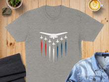 Load image into Gallery viewer, Grey t-shirt with white jets and red and blue contrails.
