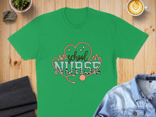 Load image into Gallery viewer, Green t-shirt with "School Nurse" text and a stethoscope graphic.
