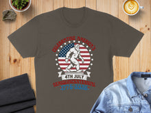 Load image into Gallery viewer, Bigfoot celebrating America's Semiquincentennial 1776-2026 on a dark t-shirt.
