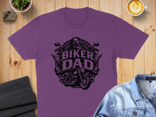 Load image into Gallery viewer, Purple t-shirt with "Biker Dad" text and motorcycle graphic.
