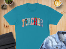 Load image into Gallery viewer, Teal t-shirt with "TEACHER" spelled out in colorful, patterned letters.
