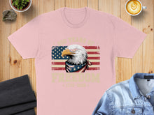 Load image into Gallery viewer, Pink t-shirt with bald eagle and US flag design celebrating 250 years of freedom.
