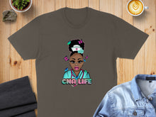 Load image into Gallery viewer, T-shirt graphic of a nurse with butterflies and "CNA LIFE" text.
