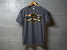 Load image into Gallery viewer, Dark gray t-shirt with "Radio Expedition Club" graphic featuring outdoor scene and radio equipment.
