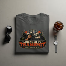 Load image into Gallery viewer, T-shirt with "Licensed to Transmit" graphic featuring radio equipment.
