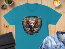 Load image into Gallery viewer, Teal t-shirt with an American flag eagle graphic.
