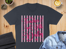 Load image into Gallery viewer, Dark t-shirt with pink stripes and "Teacher Off Duty" text.
