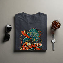 Load image into Gallery viewer, Dark grey t-shirt with "Signals From" retro atomic era graphic.
