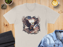 Load image into Gallery viewer, Tan t-shirt featuring a distressed eagle in front of an American flag.
