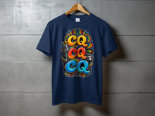 Load image into Gallery viewer, Navy t-shirt with a colorful graphic featuring "CQ" in large letters, a microphone, and radio dial.
