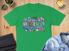 Load image into Gallery viewer, Green t-shirt with "She Works Willingly" text and medical graphics.
