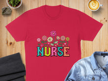Load image into Gallery viewer, Red t-shirt with "Nurse" in colorful floral letters.
