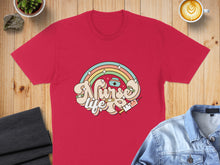 Load image into Gallery viewer, Red t-shirt with "Nurse Life" in groovy font, rainbow, and syringe graphic.
