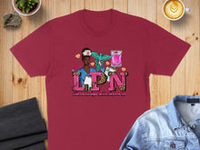 Load image into Gallery viewer, Maroon t-shirt with "LPN" graphic featuring a nurse, stethoscope, and IV bag.
