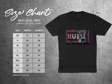 Load image into Gallery viewer, Unisex t-shirt size chart for Next Level 3600 with dimensions and "NURSE" text graphic.
