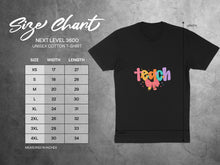 Load image into Gallery viewer, Next Level 3600 unisex cotton t-shirt size chart with measurements in inches.
