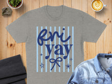 Load image into Gallery viewer, Grey t-shirt with "fri yay" text and stars on blue stripes.
