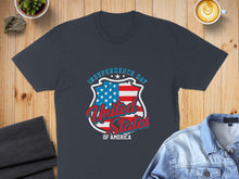 Load image into Gallery viewer, Dark t-shirt with "Independence Day United States of America" graphic.
