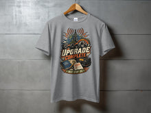 Load image into Gallery viewer, Gray t-shirt with "Upgrade Complete" design featuring a globe, radio, and study notes.
