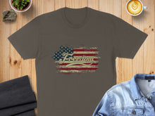 Load image into Gallery viewer, Brown t-shirt with distressed American flag graphic and "Freedom" text.
