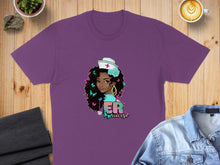 Load image into Gallery viewer, Purple t-shirt featuring a graphic of a nurse with butterflies and "HER nurse" text.
