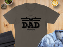 Load image into Gallery viewer, T-shirt with black "DAD" text design featuring stars and wings.

