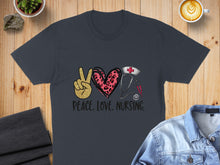 Load image into Gallery viewer, Dark t-shirt with glitter peace sign, heart, stethoscope, and red cross.
