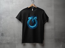 Load image into Gallery viewer, Stylish Black T-shirt with Blue Horseshoe Design Product
