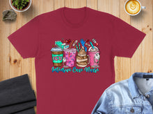 Load image into Gallery viewer, Maroon t-shirt with "ICU Intensive Care Nurse" text and cartoon coffee cups.
